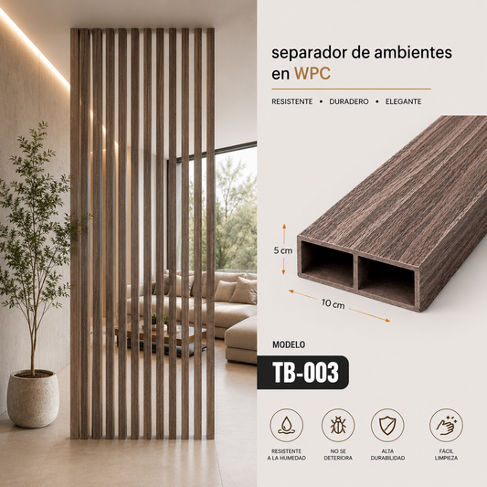 Separador Ambientes WPC Café Madera 10x5cm x3m TB-003
