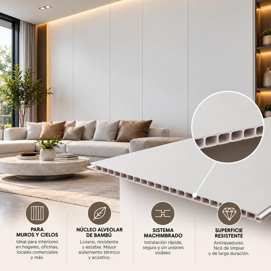 Wall panel alveolar de bambú Blanco B-001 instalado en living