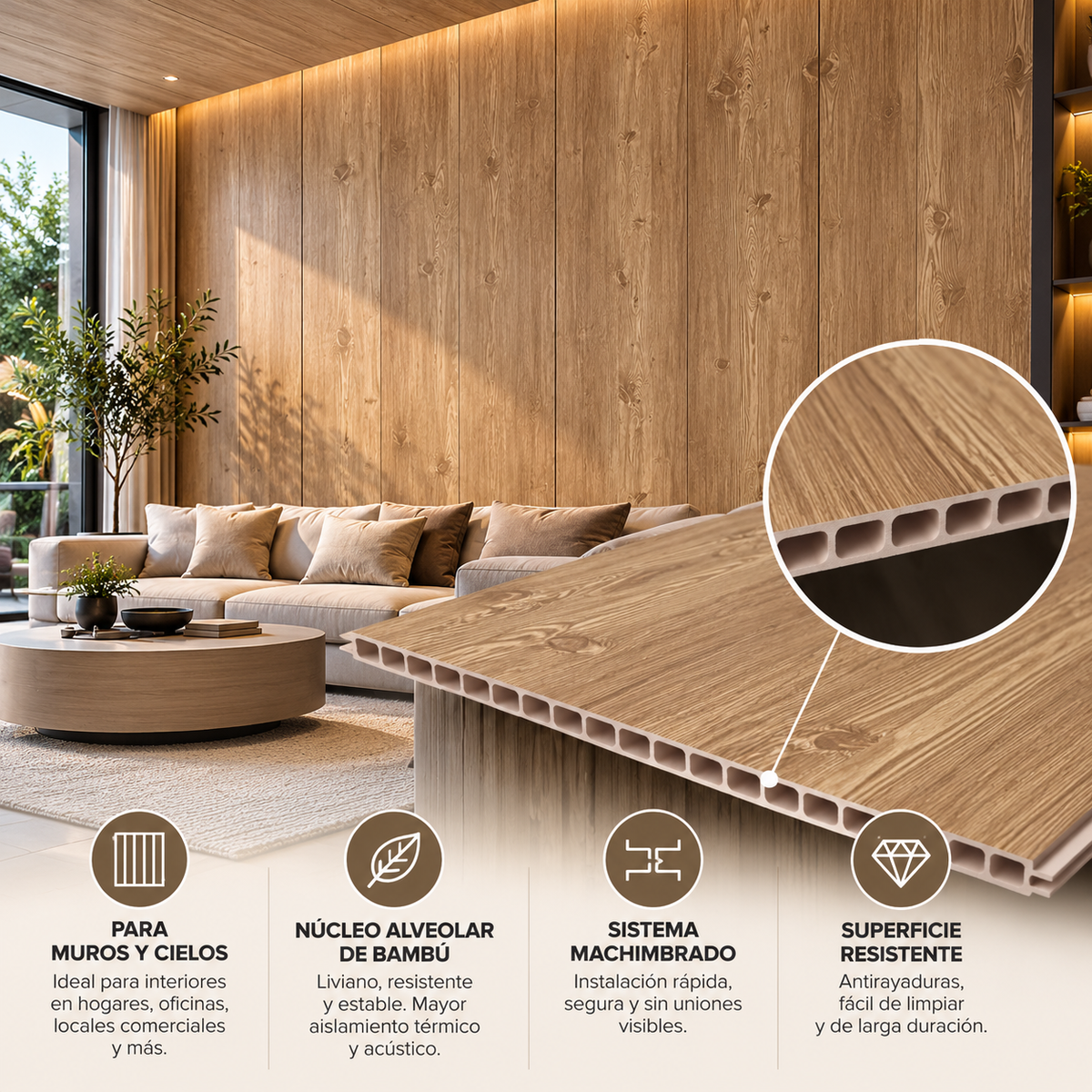 Wall panel alveolar de bambú Maple B-002 instalado en living
