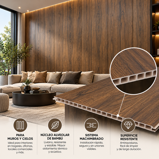 Wall panel alveolar de bambú Caoba B-003 instalado en living