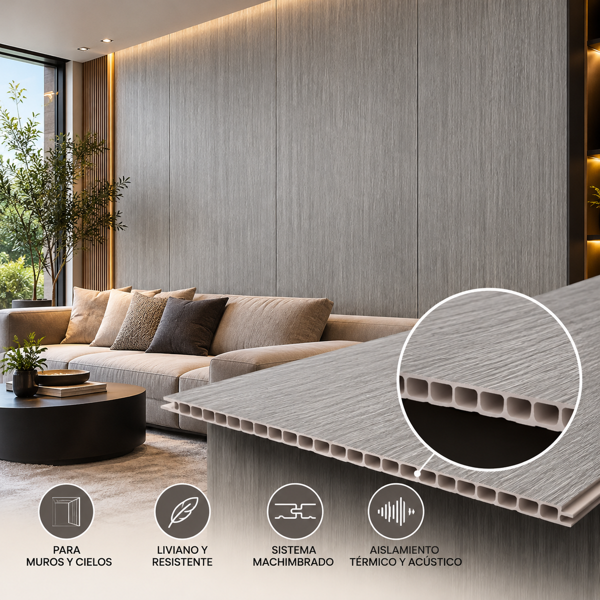 Wall panel alveolar de bambú Gris B-004 instalado en living