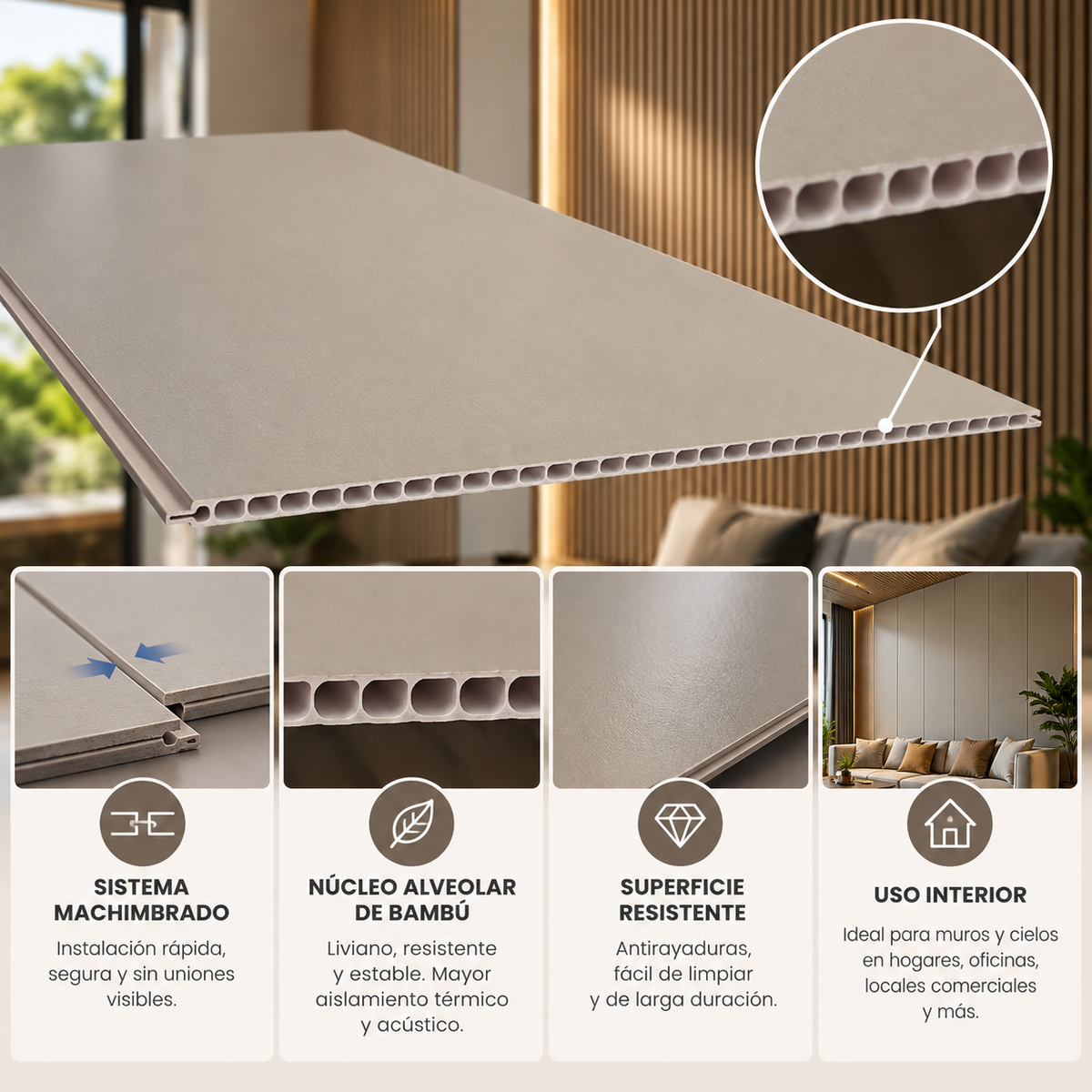 Wall panel alveolar de bambú Maple B-002 – sistema machihembrado, núcleo alveolar y superficie
