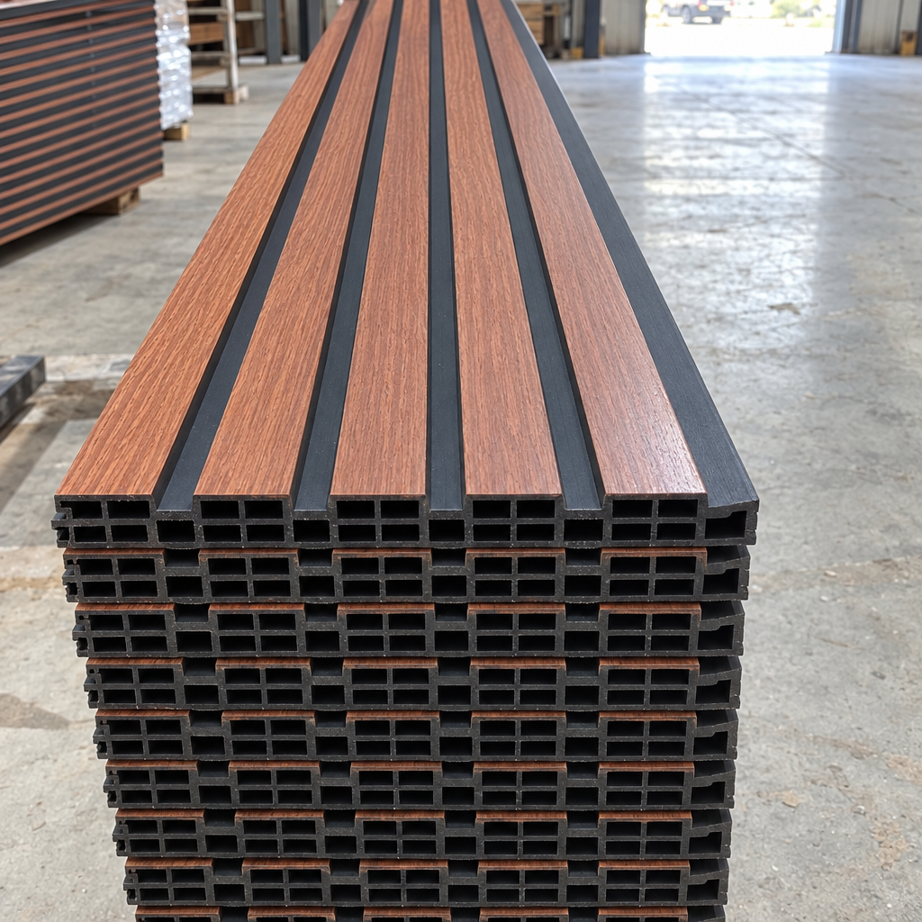 Wall Panel Flat WPC nogal rojizo con canal negro 019 – bodega 2